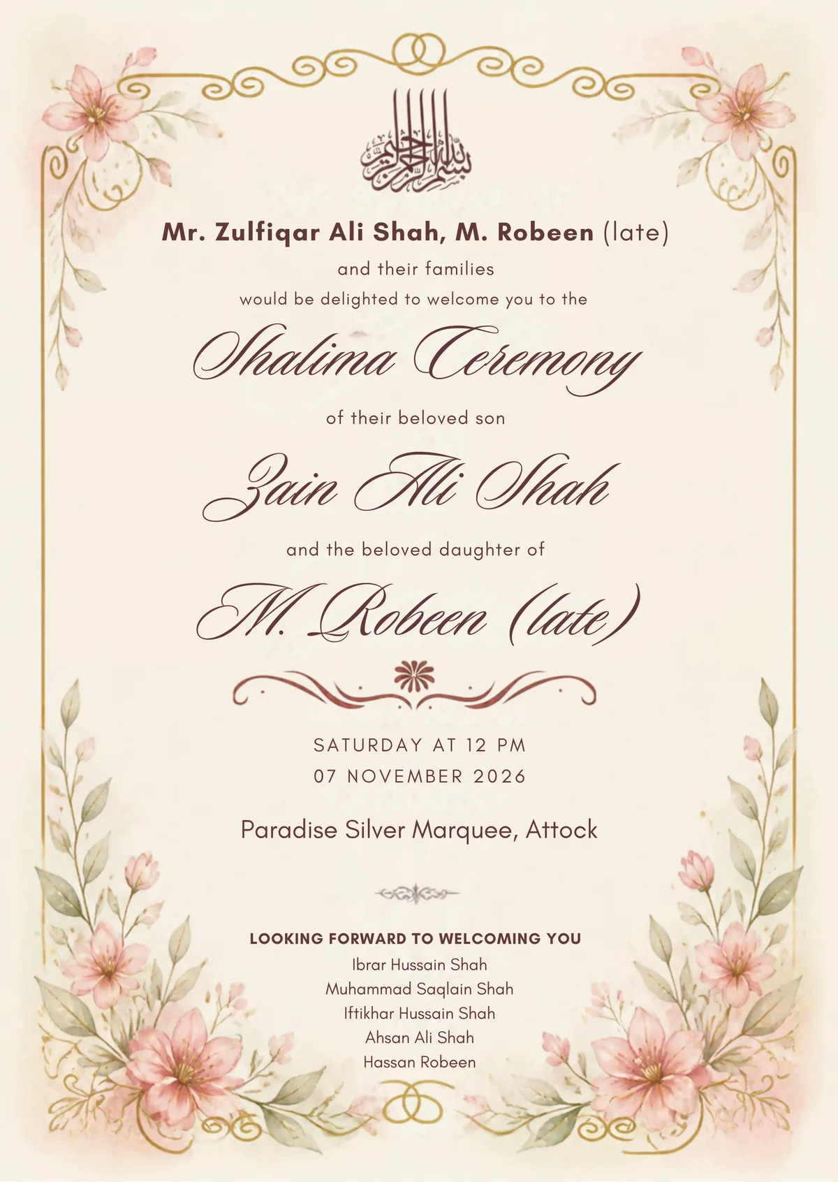 Invitation card: Shalima Ceremony details, Saturday 07 November 2026 at 12 PM, Paradise Silver Marquee, Attock